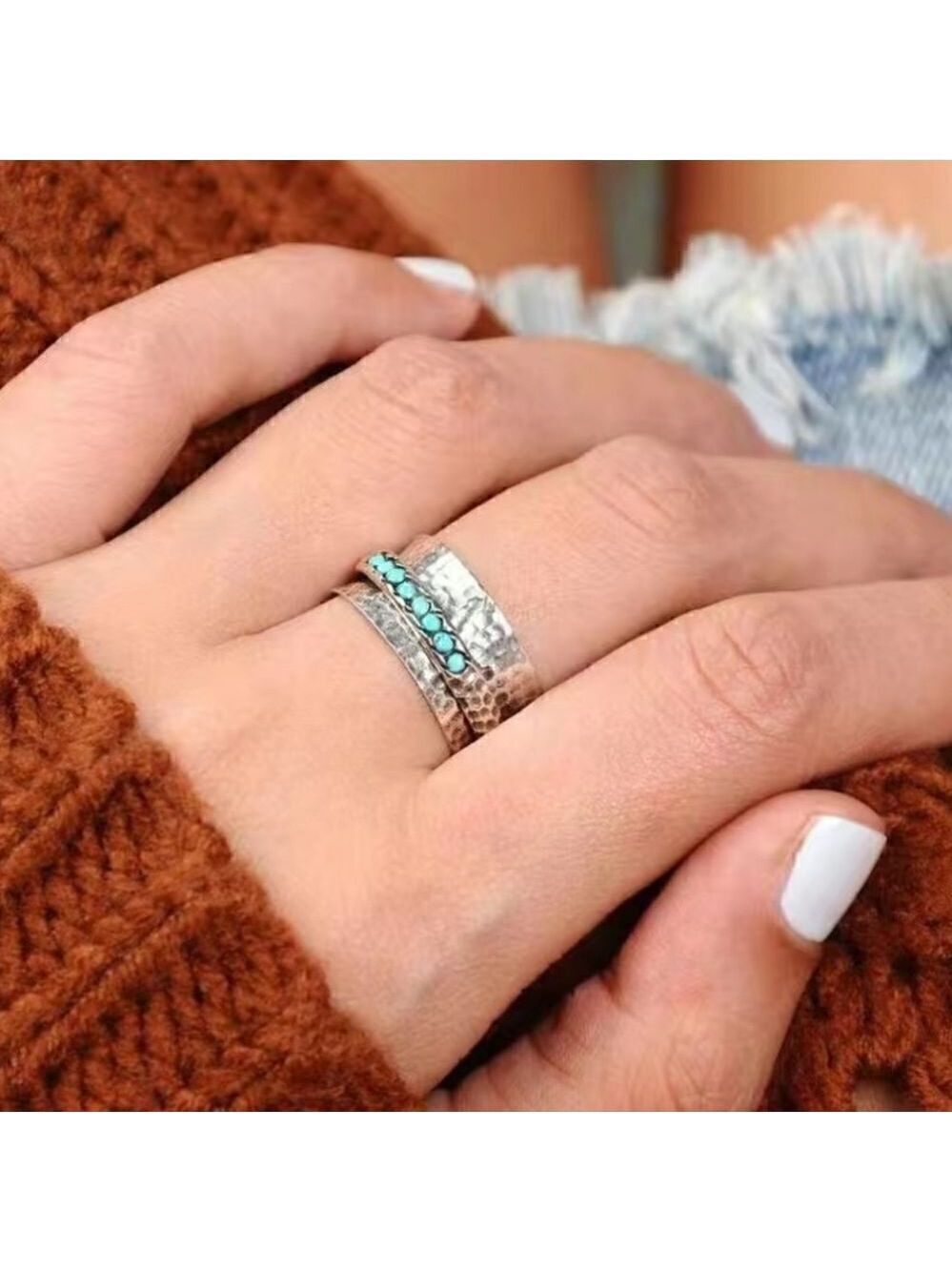 Boho Style Wide Ring Hammered Inlaid Turquoise Rotatable Design For Releasing - Picture 2 of 8